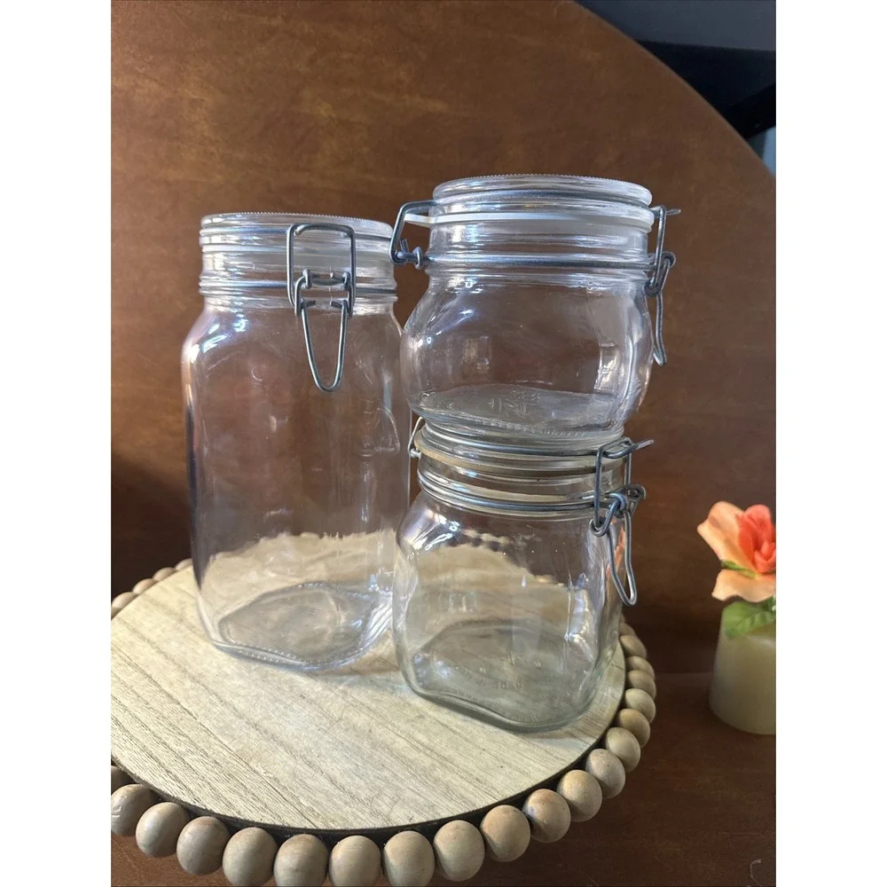 3-Fido Bormioli Rocco Wire Hinged Clear Glass Jar Made in Italy cottagecore